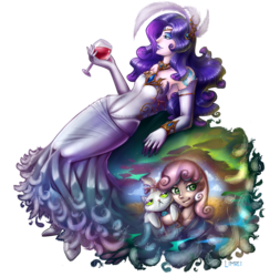 Size: 1527x1567 | Tagged: safe, artist:limreiart, opalescence, rarity, sweetie belle, human, g4, armpits, clothes, dress, feather, female, glass, humanized, simple background, transparent background, wine glass