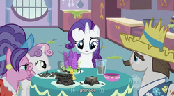 Size: 851x472 | Tagged: safe, screencap, cookie crumbles, hondo flanks, rarity, sweetie belle, pony, unicorn, g4, season 2, sisterhooves social, belle sisters, burnt juice, clothes, cooking, earring, female, filly, food, frown, grenade, hub logo, interior, male, mare, rarity looking at food, siblings, sisters, smiling, stallion, sweetie belle can't cook, sweetie fail, worried, youtube caption