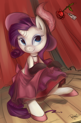 Size: 800x1219 | Tagged: safe, artist:php27, rarity, pony, unicorn, g4, burlesque, clothes, dancer, dancing, dress, feather, female, hat, mare, rose, saloon dress, smiling, solo, stage