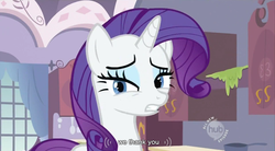 Size: 852x470 | Tagged: safe, edit, edited screencap, screencap, rarity, pony, unicorn, g4, season 2, sisterhooves social, caption, carousel boutique, female, hub logo, lidded eyes, mare, royal we, solo, uncomfortable, window, youtube caption