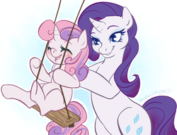 Size: 721x553 | Tagged: dead source, safe, artist:clovercoin, rarity, sweetie belle, pony, unicorn, g4, bipedal, blushing, duo, duo female, eyes closed, female, filly, happy, mare, smiling, swing