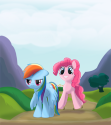 Size: 891x1000 | Tagged: safe, artist:ctb-36, pinkie pie, rainbow dash, earth pony, pegasus, pony, g4, annoyed, bouncing, duo, duo female, female, grin, mare, ponyville, rainbow dash is not amused, so fucking happy, unamused