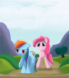 Size: 891x1000 | Tagged: safe, artist:ctb-36, pinkie pie, rainbow dash, earth pony, pegasus, pony, g4, annoyed, bouncing, dirt road, duo, duo female, female, grin, mare, ponyville, rainbow dash is not amused, so fucking happy, unamused