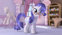 Size: 3840x2160 | Tagged: safe, artist:ig-64, rarity, pony, unicorn, g4, 3d, carousel boutique, cg, cloth, cute, drapes, fabric, featured image, female, glasses, high res, interior, mannequin, mare, pincushion, pins, ponyquin, rarity's glasses, render, scroll, smiling, solo, spool, standing, thread, wallpaper, window