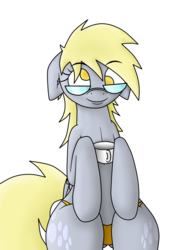 Size: 3046x4395 | Tagged: safe, artist:efrejok, derpy hooves, pegasus, pony, g4, clothes, cup, female, glasses, mare, no pupils, orange underwear, panties, simple background, sitting, smiling, solo, underwear, white background