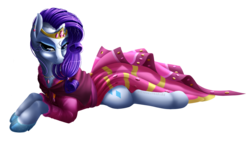 Size: 1600x914 | Tagged: safe, artist:kittehkatbar, rarity, pony, unicorn, g4, bedroom eyes, clothes, dress, female, gala dress, mare, prone, simple background, smiling, solo, transparent background
