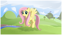 Size: 1133x650 | Tagged: safe, artist:ctb-36, fluttershy, pegasus, pony, g4, female, flying, mare, smiling, solo