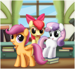 Size: 902x830 | Tagged: safe, artist:ctb-36, apple bloom, scootaloo, sweetie belle, earth pony, pegasus, pony, unicorn, g4, book, cutie mark crusaders, female, filly, school, smiling, trio