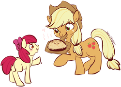 Size: 842x604 | Tagged: safe, artist:clovercoin, apple bloom, applejack, earth pony, pony, g4, duo, duo female, female, filly, mare, mouth hold, pie, raised hoof, simple background, white background