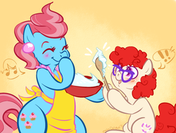Size: 1040x788 | Tagged: dead source, safe, artist:clovercoin, cup cake, twist, earth pony, pony, g4, apron, bipedal, blushing, bowl, cake, clothes, duo, duo female, female, filly, mare, smiling, spoon