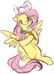 Size: 817x1118 | Tagged: safe, artist:clovercoin, fluttershy, pegasus, pony, rabbit, g4, carrot, female, mare, simple background, smiling, white background
