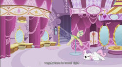 Size: 853x470 | Tagged: safe, screencap, sweetie belle, pony, unicorn, g4, carousel boutique, female, filly, israel, scootie belle, solo, vegetarian, youtube caption