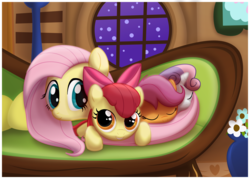 Size: 1161x830 | Tagged: safe, artist:ctb-36, apple bloom, fluttershy, scootaloo, sweetie belle, earth pony, pegasus, pony, unicorn, g4, stare master, adorabloom, couch, cute, cutie mark crusaders, eyes closed, female, filly, grin, light skin, mare, night, orange skin, prone, shyabetes, sleeping, smiling, snuggling, window, yellow skin