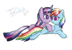 Size: 1000x700 | Tagged: safe, artist:masterkaszanka, rainbow dash, twilight sparkle, pegasus, pony, unicorn, g4, female, lesbian, mare, no pupils, prone, ship:twidash, shipping, simple background, smiling, white background