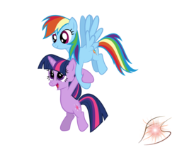 Size: 1600x1351 | Tagged: safe, artist:flamingsparkle, rainbow dash, twilight sparkle, pegasus, pony, unicorn, g4, carrying, female, lesbian, mare, ship:twidash, shipping, simple background, smiling, transparent background, vector