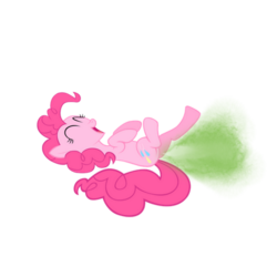 Size: 500x500 | Tagged: safe, edit, pinkie pie, earth pony, pony, g4, eyes closed, fart, fart cloud, fart edit, female, laughing, mare, on back, simple background, solo, stinkie pie, transparent background