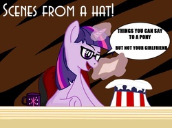 Size: 798x598 | Tagged: artist needed, safe, twilight sparkle, pony, unicorn, g4, crossover, female, glasses, hat, mare, mug, parody, scenes from a hat, sitting, solo, whose line is it anyway