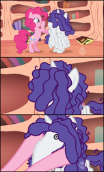 Size: 437x717 | Tagged: safe, pinkie pie, rarity, earth pony, pony, unicorn, g4, duo, female, golden oaks library, mare, messy mane, nigel thornberry