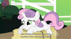 Size: 851x470 | Tagged: safe, screencap, sweetie belle, pony, unicorn, g4, female, filly, prone, solo, youtube caption