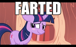 Size: 400x250 | Tagged: safe, edit, edited screencap, screencap, twilight sparkle, pony, unicorn, g4, blushing, caption, female, image macro, implied farting, mare, solo, text, twilight fartle, unicorn twilight