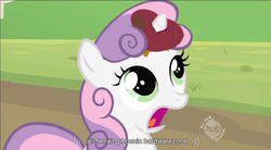 Size: 852x472 | Tagged: safe, screencap, sweetie belle, pony, unicorn, g4, apple, female, filly, food, horn, horn impalement, hub logo, rotten apple, solo, youtube caption