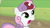 Size: 852x472 | Tagged: safe, screencap, sweetie belle, pony, unicorn, g4, my little pony: friendship is magic, apple, female, filly, food, horn, horn impalement, hub logo, rotten apple, solo, youtube caption