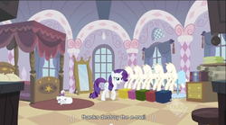 Size: 853x474 | Tagged: safe, screencap, opalescence, rarity, pony, unicorn, g4, carousel boutique, email, female, mannequin, mare, youtube caption