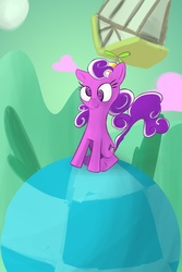 Size: 788x1181 | Tagged: dead source, safe, artist:adamrbi, screwball, earth pony, pony, g4, female, green sky, hat, mare, propeller hat, sitting, smiling, solo, trippy