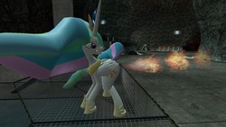 Size: 1366x768 | Tagged: safe, princess celestia, alicorn, pony, g4, 3d, fart, female, fire, fire fart, gary's mod, gmod, looking back, mare, solar wind, solo, tail, tail aside
