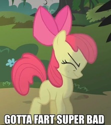 Size: 600x676 | Tagged: safe, edit, edited screencap, screencap, apple bloom, earth pony, pony, g4, caption, eyes closed, fart joke, female, filly, image macro, need to fart, solo, text