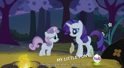 Size: 853x469 | Tagged: safe, screencap, rarity, sweetie belle, pony, unicorn, g4, campfire, duo, duo female, eye contact, female, filly, hub logo, logo, looking at each other, mare, the hub, youtube caption