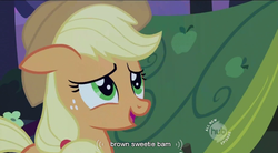 Size: 851x471 | Tagged: safe, screencap, applejack, earth pony, pony, g4, female, mare, solo, youtube caption