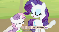 Size: 852x472 | Tagged: safe, screencap, rarity, sweetie belle, pony, unicorn, g4, season 2, sisterhooves social, belle sisters, duo, duo female, eyes closed, female, filly, hub logo, logo, mare, meme, siblings, sisters, the hub, youtube caption