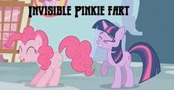 Size: 1080x561 | Tagged: safe, edit, edited screencap, screencap, pinkie pie, twilight sparkle, earth pony, pony, unicorn, g4, caption, duo, duo female, eyes closed, fart, female, mare