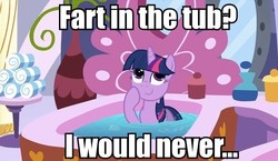 Size: 575x333 | Tagged: safe, edit, edited screencap, screencap, twilight sparkle, pony, unicorn, g4, bathtub, blatant lies, caption, fart bubble, fart joke, female, implied farting, mare, solo, twilight fartle