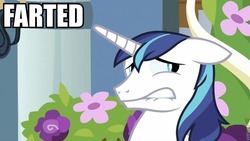 Size: 830x467 | Tagged: safe, edit, edited screencap, screencap, shining armor, pony, unicorn, a canterlot wedding, g4, season 2, caption, embarrassed, floppy ears, image macro, implied farting, lip bite, male, meme, solo, stallion