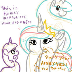 Size: 450x450 | Tagged: safe, artist:mt, princess celestia, twilight sparkle, alicorn, pony, unicorn, princess molestia, g4, annoyed, butt, fart, female, mare, plot, solar wind