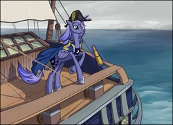 Size: 1234x894 | Tagged: safe, artist:marbleyarns, princess luna, alicorn, pony, g4, airship, bicorne, captain luna, clothes, coat, female, hat, mare, ocean, ship, solo, telescope