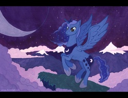 Size: 716x550 | Tagged: safe, artist:marbleyarns, princess luna, alicorn, pony, g4, cloud, cloudy, female, mare, moon, mountain, night, rearing, solo, stars