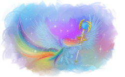 Size: 2900x1800 | Tagged: safe, artist:amethysthorn, rainbow dash, pegasus, pony, g4, abstract background, action pose, eyes closed, female, mare, scepter, solo, speedpaint, superhero landing, transparent background
