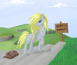 Size: 1081x910 | Tagged: safe, artist:v-invidia, derpy hooves, pegasus, pony, g4, bag, female, grass, mare, messy mane, raised hoof, sign, solo, stairs