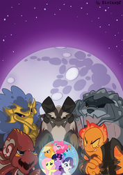 Size: 566x800 | Tagged: safe, artist:elosande, applejack, crunch (g1), erebus, fluttershy, grogar (g1), lavan, pinkie pie, rainbow dash, rarity, squirk, twilight sparkle, cloud demon, demon, earth pony, lava demon, octopus, pegasus, pony, rockdog, sheep, unicorn, g1, g4, antagonist, female, g1 to g4, g4 style, generation leap, hilarious in hindsight, male, mane six, mare, mare in the moon, moon, poster, ram, rock hound, the fiends from dream valley, villains of equestria
