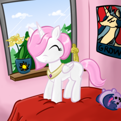 Size: 825x825 | Tagged: safe, artist:v-invidia, princess celestia, twilight sparkle, alicorn, pony, g4, bed, bedroom, cewestia, cute, duo, eyes closed, female, filly, flower, foal, pink-mane celestia, plushie, poster, younger