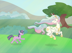 Size: 1052x776 | Tagged: safe, artist:v-invidia, princess celestia, twilight sparkle, alicorn, pony, unicorn, g4, crepuscular rays, duo, duo female, eyes closed, female, happy, mare, meadow, running