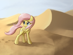 Size: 750x564 | Tagged: safe, artist:fajeh, fluttershy, pegasus, pony, g4, desert, female, looking back, mare, solo, walking, windswept mane