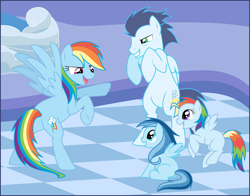 Size: 1200x940 | Tagged: safe, artist:kumkrum, rainbow dash, soarin', oc, oc:ragtag, oc:shooting star, pegasus, pony, g4, baby, baby pony, butt, daddy soarin', family, female, filly, happy, male, mare, momma dash, offspring, parent:rainbow dash, parent:soarin', parents:soarindash, plot, rainbutt dash, rearing, ship:soarindash, shipping, spread wings, stallion, straight