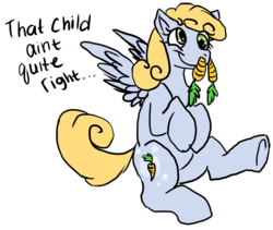 Size: 703x594 | Tagged: artist needed, safe, oc, oc only, pegasus, pony, carrot, female, food, magical lesbian spawn, mare, offspring, parent:carrot top, parent:derpy hooves, parents:derpytop, simple background, smiling, solo, transparent background