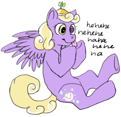 Size: 618x599 | Tagged: safe, artist:fluffy-pone, oc, oc only, pegasus, pony, dialogue, female, laughing, magical lesbian spawn, mare, offspring, parent:derpy hooves, parent:screwball, parents:derpball, pegasus oc, simple background, smiling, solo, spread wings, tongue out, transparent background, underhoof, wings