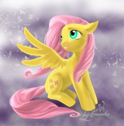 Size: 757x766 | Tagged: safe, artist:imanika, fluttershy, pegasus, pony, g4, abstract background, female, looking back, mare, sitting, solo