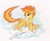 Size: 543x449 | Tagged: safe, artist:imanika, spitfire, pegasus, pony, g4, alternate hairstyle, cloud, cloudy, eyeshadow, female, floppy ears, hooves, lidded eyes, looking at you, lying on a cloud, makeup, mare, on a cloud, prone, simple background, smiling, solo, spread wings, traditional art, white background, wings